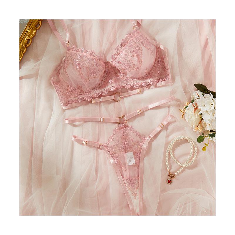 Французский розовый сексуальный кружевной пуш-ап комплект нижнего белья для женщин - Ультратонкий, удобный, полупрозрачная сетка