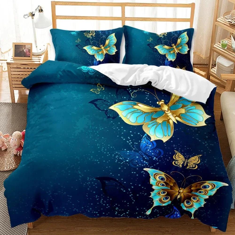 Golden Butterfly Pretty Blue Comfortable Duvet Quilt Cover Pillowcase Bedding Set Children Bedroom Decoration Home Textile