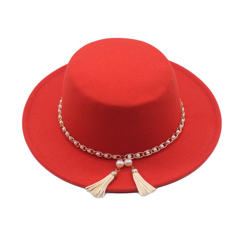 European, American and British style retro fringed pearl chain woolen felt hat wide brim top hat flat top lady hat trendy girl