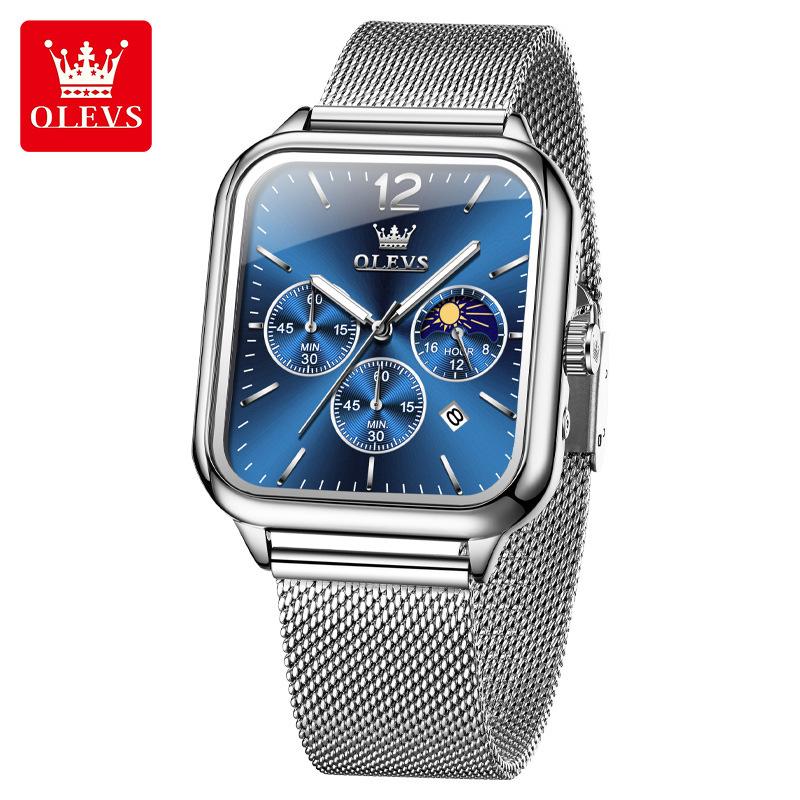 Square Quartz Men's Watch Three Eye Timer Moon Phase Automatic Date Waterproof Luminous Sports Watch