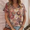 Summer V-neck 3D Printed Top Retro Fashionable Casual Short Sleeved Women's T-shirts