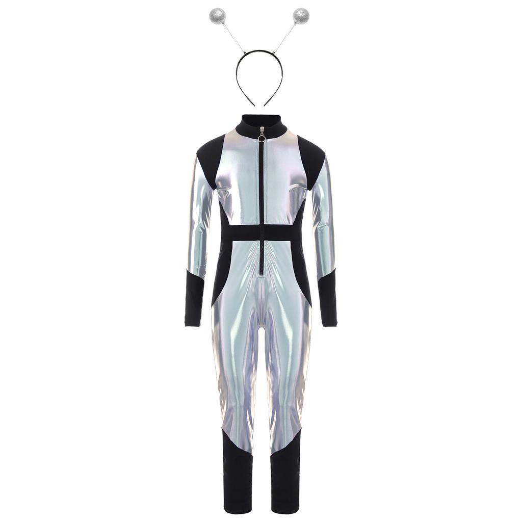 Детский Костюм Косплей Инопланетянин С Длинным Рукавом Высокая Талия Блестящий Металлический Молния Комбинезон Хэллоуин Боди