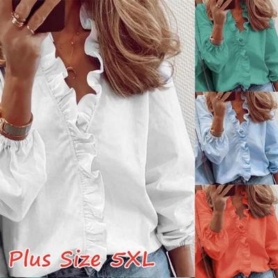 S-5XL Новая блузка с рюшами и принтом для женщин, женская приталенная рубашка с длинным рукавом, женская одежда, топы с V-образным вырезом, большие размеры
