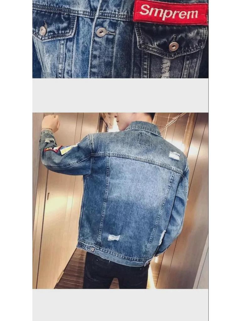 Мужская рваная джинсовая куртка: Модная японская ретро-мода, уличный стиль с вышитой этикеткой, красивый рабочий верх