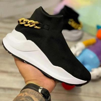 Модные женские кроссовки, новые осенние вязаные вулканизированные туфли, женские туфли на танкетке с металлической цепочкой, теннисные туфли, женская модная обувь на платформе
