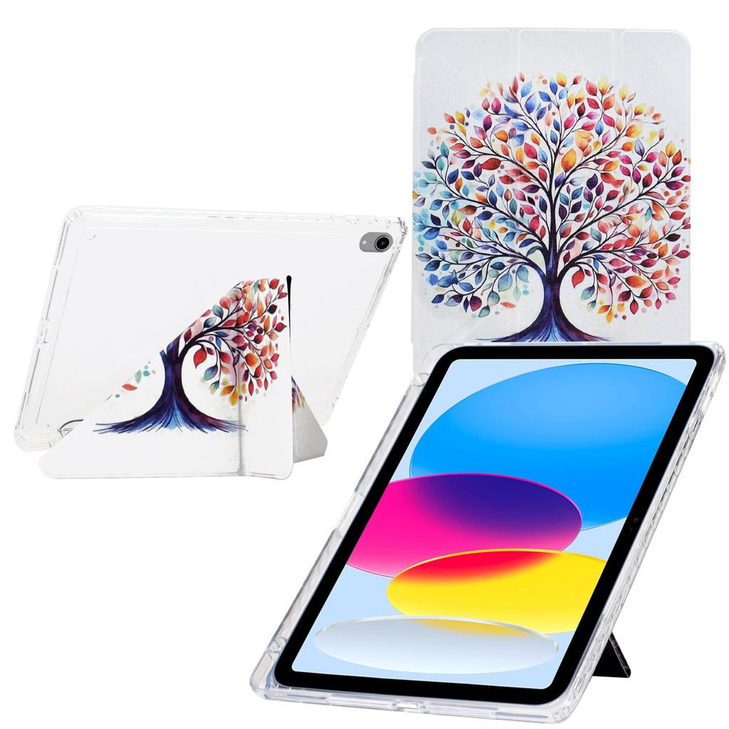 For iPad (2025)/10.9 (2022) Case Y-Fold Stand Pattern Print Leather+Clear Acrylic Tablet Cover with Pencil Holder