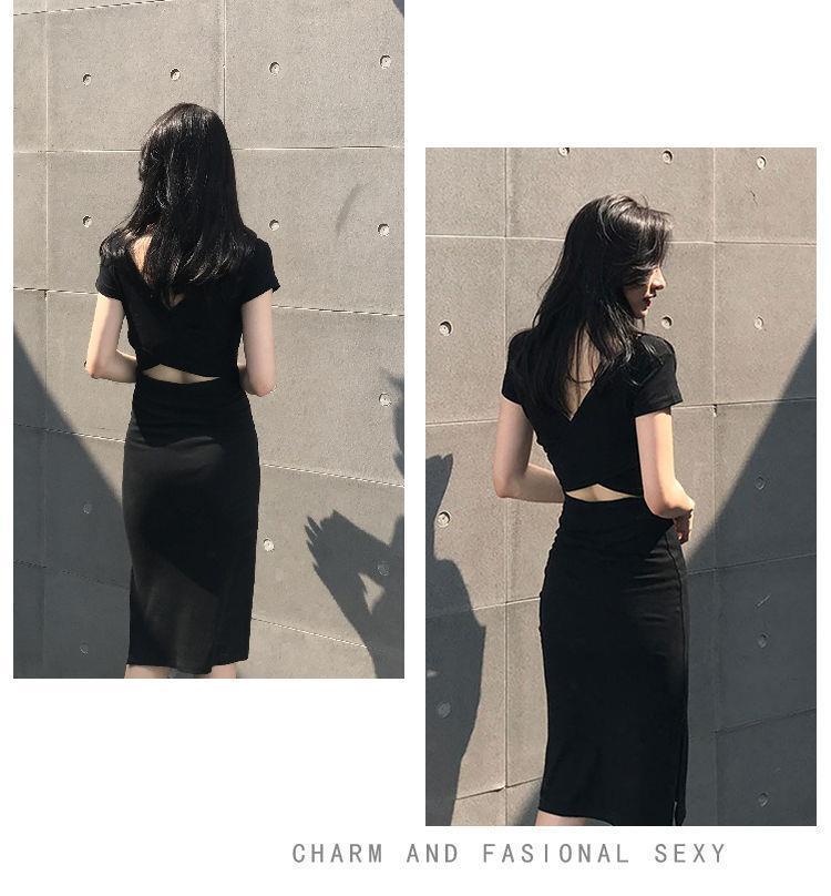 Корейский стиль сексуальное платье средней длины с разрезом на спине - полиэстеровое волокно