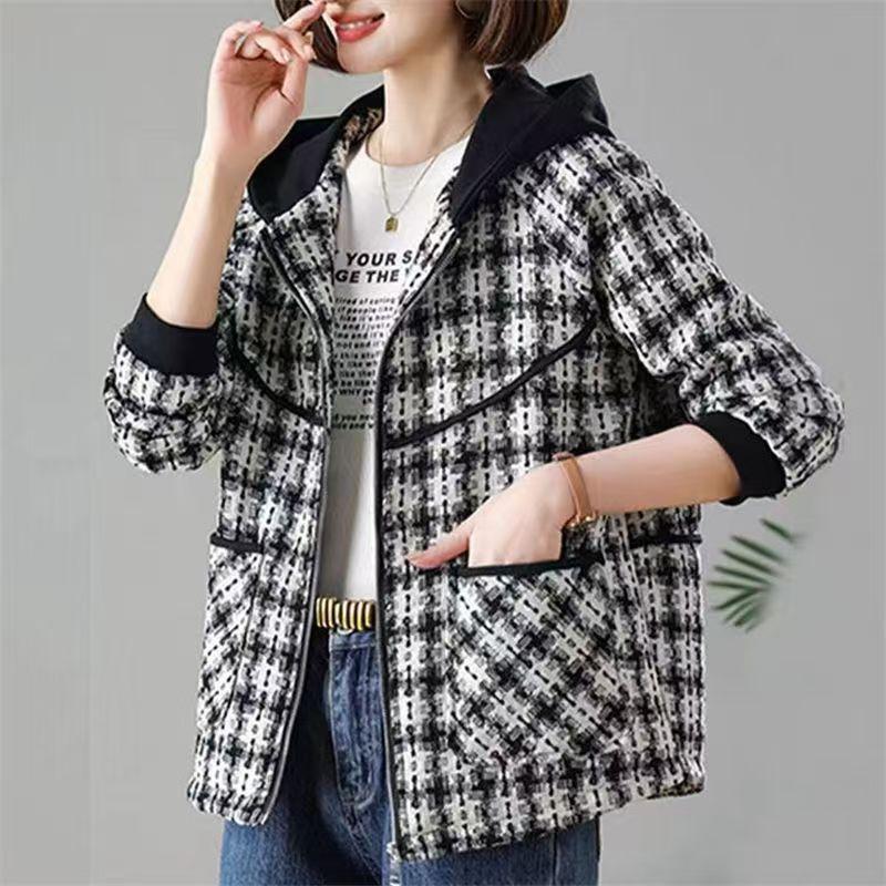 Chic Spring Hooded Checkered Coat Women Short Jacket Middle Aged Mom Fashion Casual Outerwear