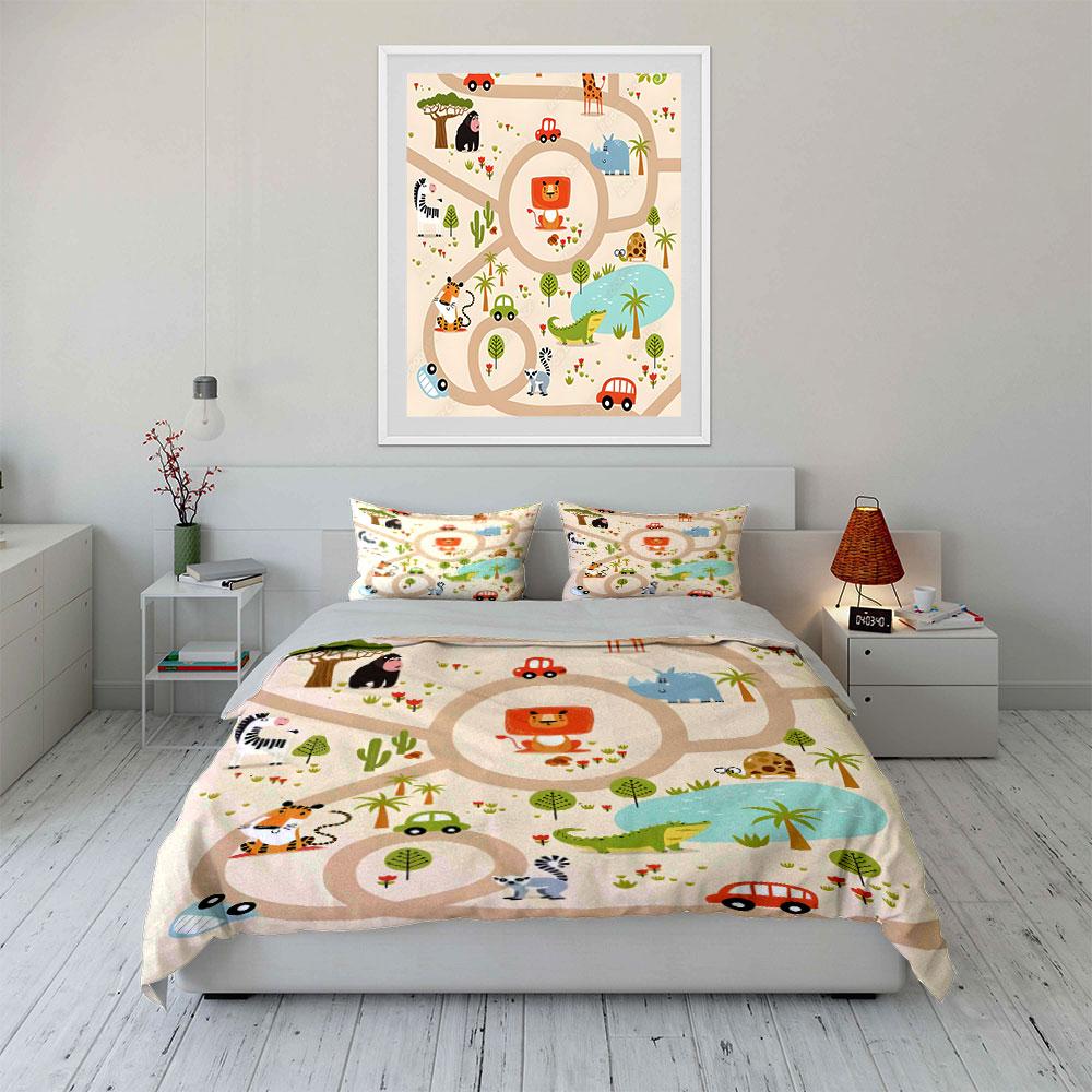 Animal Safari Playroom Decor Set Bedding Set with 1 Duvet Cover 2 Pillowcases Single Double King Queen, Gift