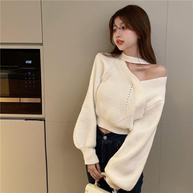 Korean Irregular Hanging Neck Short Pullover Sweater Women Sweet and Spicy High Waisted Sweater Caution Pullover Female Tops