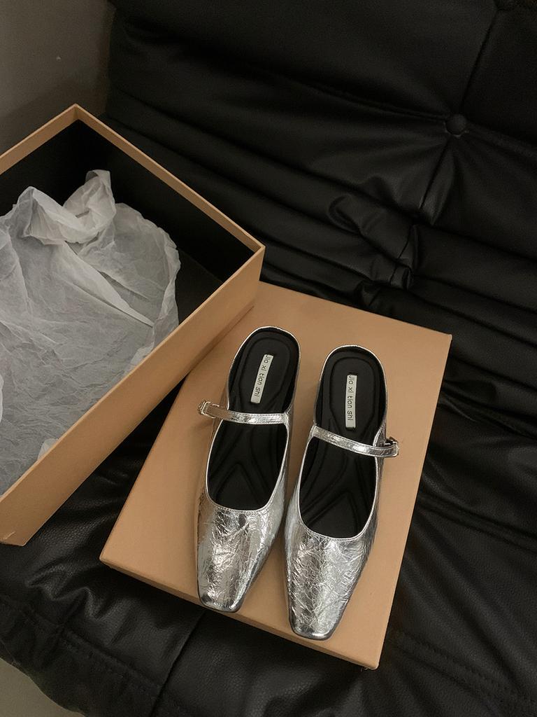 Silver Low-heeled Lazy Bag Head Half Slippers Women's Shoes Wear 2025 New Spring and Summer Half-support Single Shoes