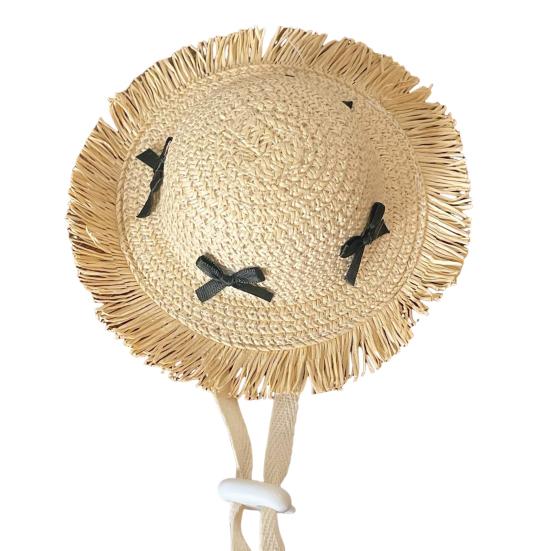 Mini Pet Straw Hat with Lace Adjustable Sun Protection Straw Hat with Bow Handwoven Outdoor Pet Accessory for Small Cats And Dogs
