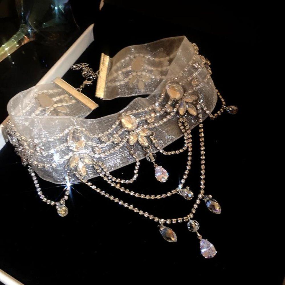 Chiffon Choker Necklace Rhinestone Teardrop Pendant Gifts Collar Necklace  Party Outfit