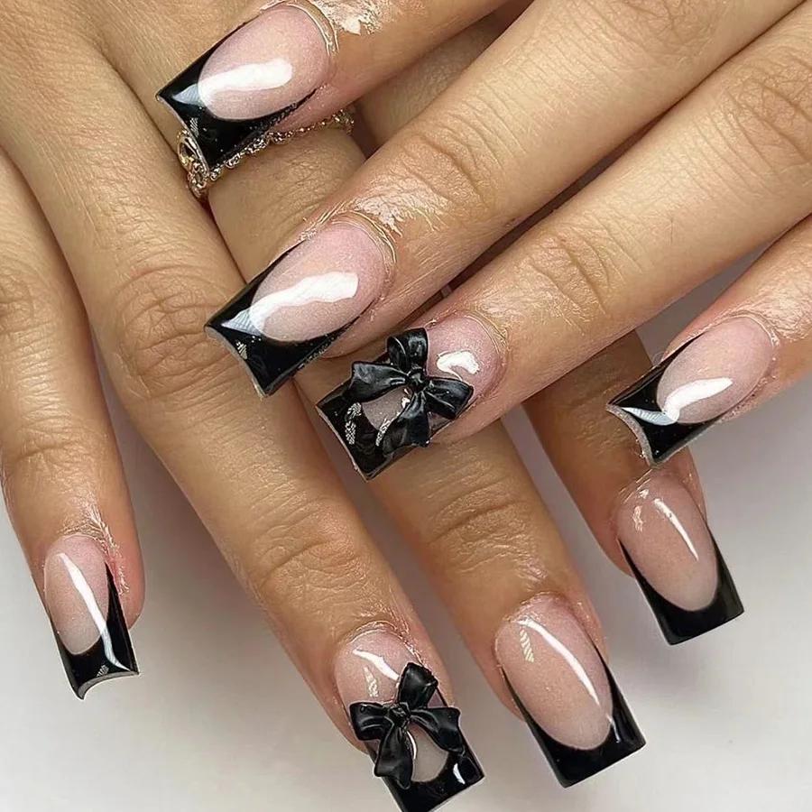 24Pcs French Tip Square Press On Nails With Bowknot Rhinestones Sweet Ballerina Full Cover False Nail Tips