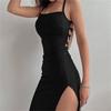 Sexy Black Long Bodycon Dress Women Summer Sleeveless Blackless Halter Neck Spaghetti Strap Dresses High Split Vestidos