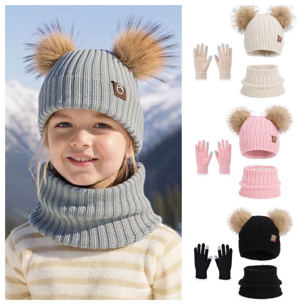 3Pcs/ Set Knitted Cap Kids Hat Scarf Gloves Set Pompom Knitted Hats Snow Activities