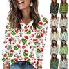 Women's Fashionable Loose-Fit V-Neck Long-Sleeved T-Shirt Christmas Print Pullover