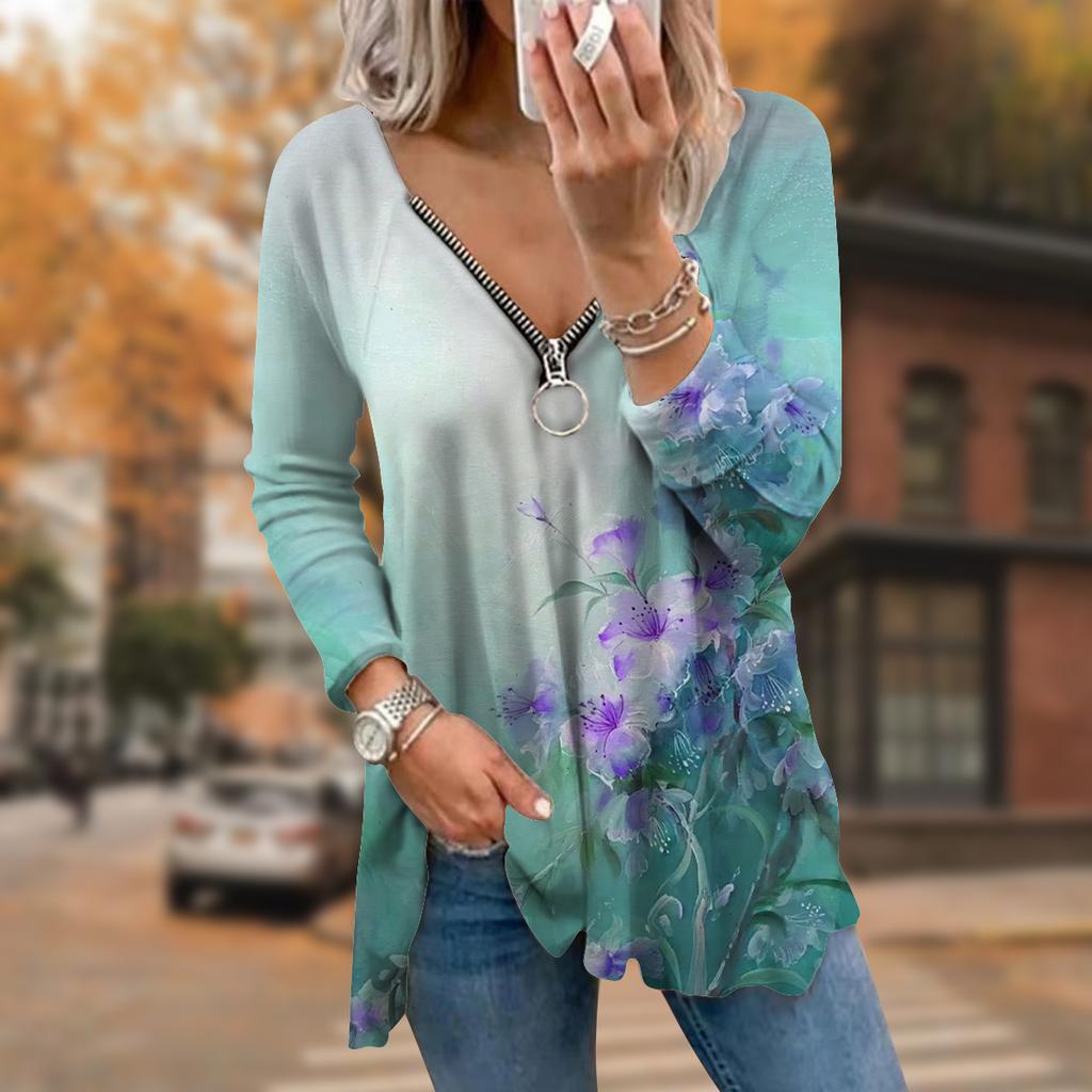 Женские футболки с длинным рукавом и принтом зеленых цветов, свободные футболки с V-образным вырезом больших размеров, удобные блузки