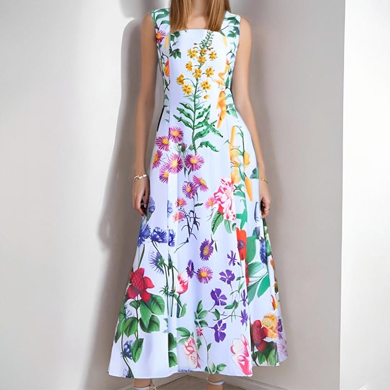 YYFS Женская мода лето весна цветочный узор принт без рукавов с квадратным воротником с высокой талией повседневные платья