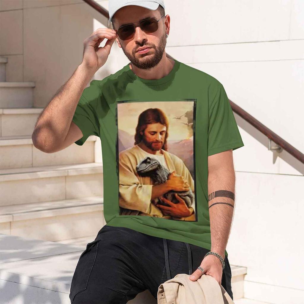 Religious Unisexs Tshirt Jesus Holding A Dinosaur Christian Faith Theme Summer Casual Wear Gift For Religious Believers And Faith