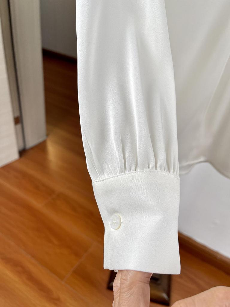 Женская элегантная шелковая рубашка-свитер с V-образным вырезом, длинный рукав, свободный крой, стройнящая, шелк-тусса, идеально подходит для весенне-летнего офиса.