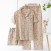 Women's Summer Cotton Crepe Pajama Set - Short-Sleeved Lapel Top, Trousers & Shorts