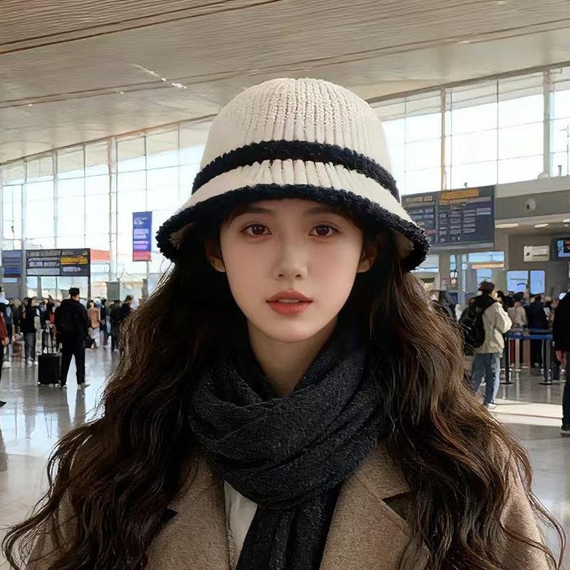 Versatile basin hat Korean face small bucket hat plain striped knitted bucket hat tide