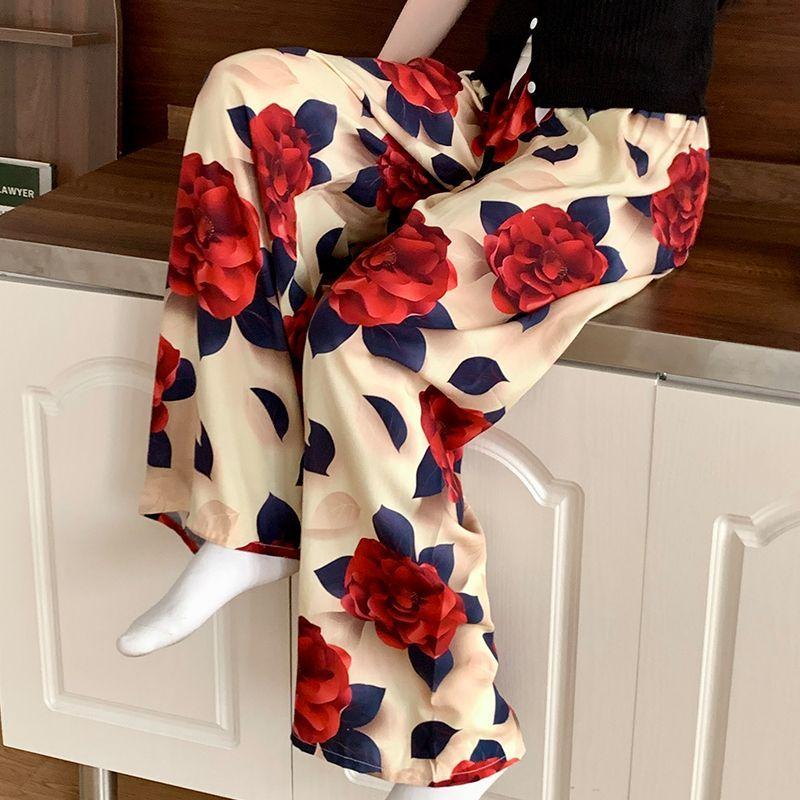 Летние женские хлопково-вискозные мягкие домашние брюки свободного кроя длиной до щиколотки с широкими штанинами и цветочным принтом