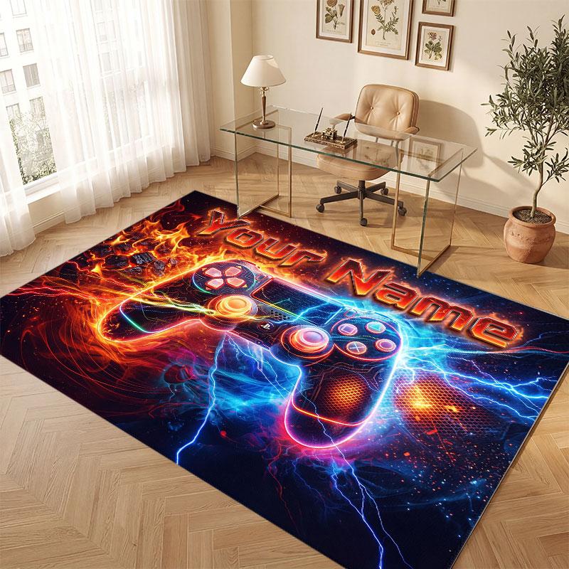 Game Controller Theme Crystal Velvet Floor Rug Personalized Custom Name Text Warm Carpet Home Decoration