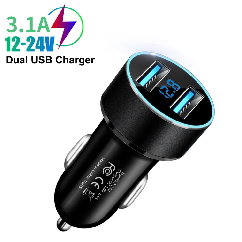LED Display Voltmeter 3.1A Dual USB Phone Charger Car Cigarette Lighter Power Adapter Socket Splitter for 12-24V Cars