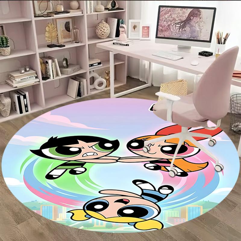 1pc Powerpuff6 Carpet, Round Rug, Comfortable, Suitable for Entryways, Living Rooms, Office, And Bedrooms, Christmas Decoration
