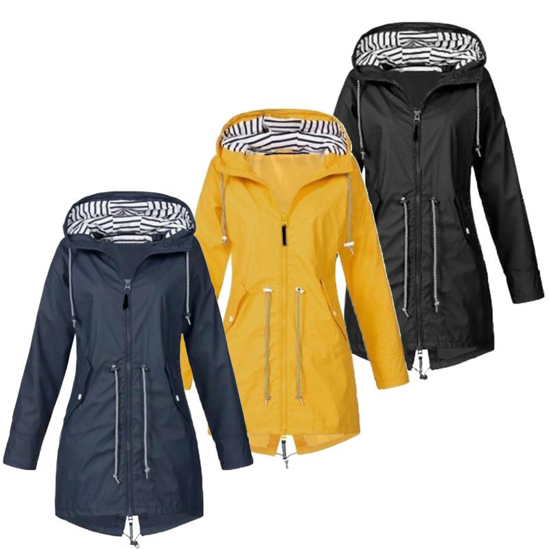 Women Solid Rain Jacket Outdoor Waterproof Hooded Windproof Loose Coat Plus Size Outwear