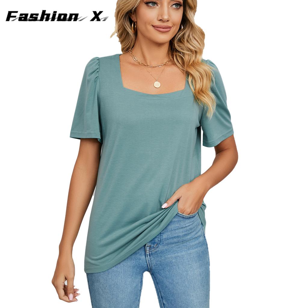 Весенне-летняя новая однотонная свободная футболка с квадратным вырезом и короткими рукавами, вязаные топы женские