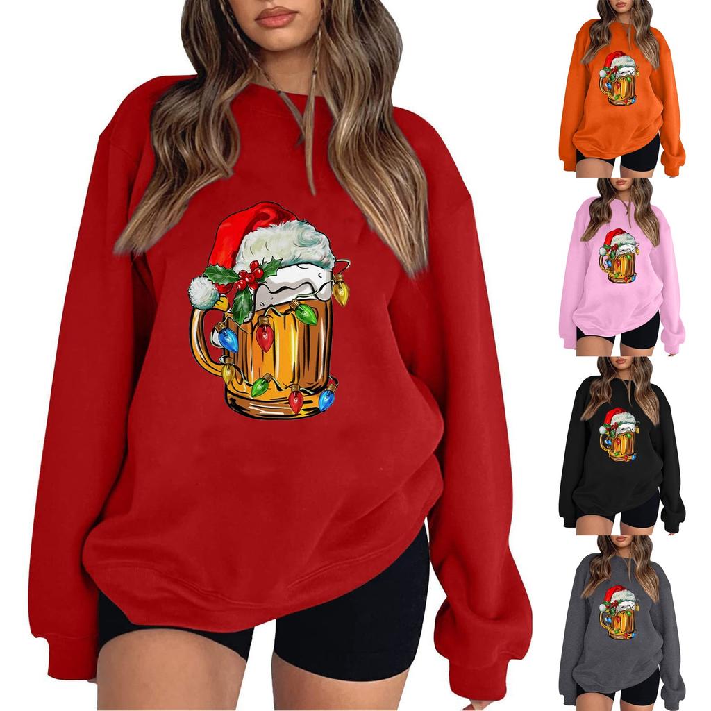 Women's Casual Round Neck Long Sleeved Pullover,Christmas Printed Top, Long Sleeved Hoodie