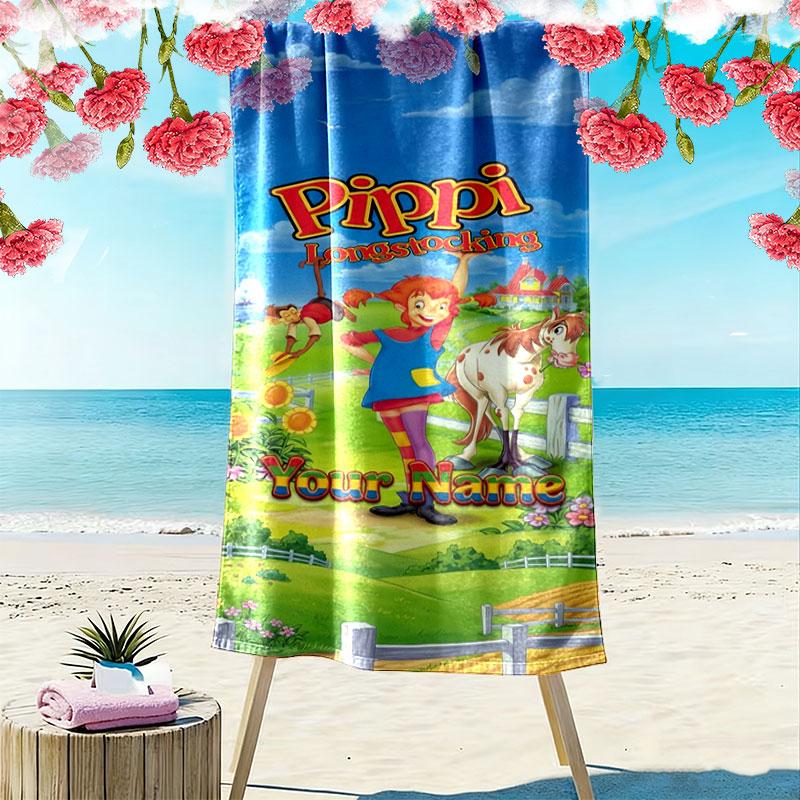 Pippi Longstocking Custom Name Print Beach Towel, Large Soft Quick Dry Towel for Beach Camping Swimming