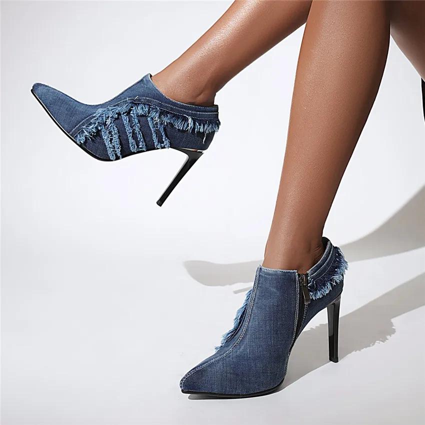 Summer Brushed Denim Ankle Boots Women Sexy High Thin Heels Pointed Toe Pumps Blue Rubbed Jean Party Dress Lady Stiletto Booties