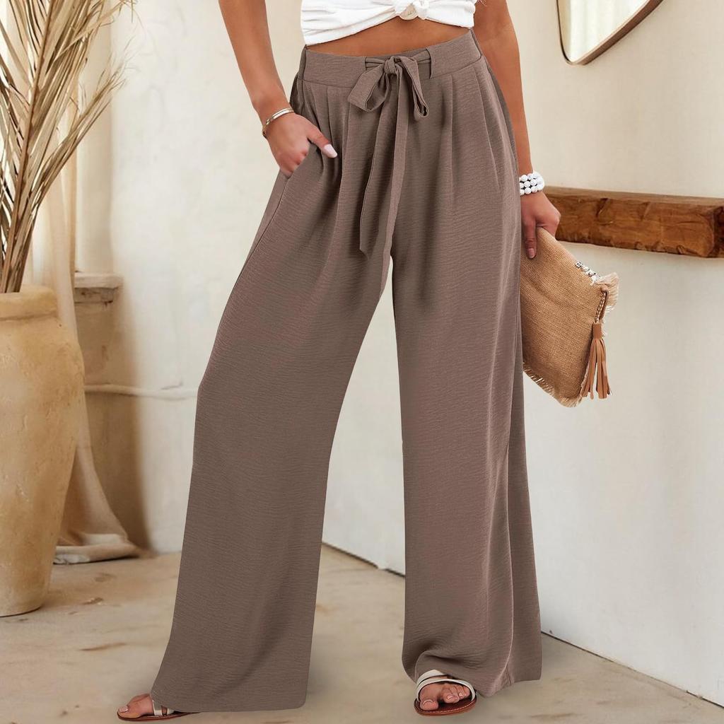 Womens Wide Leg Palazzo Pants High Waisted Adjustable Tie Knot Flowy Trousers Casual Loose Pant With Pockets