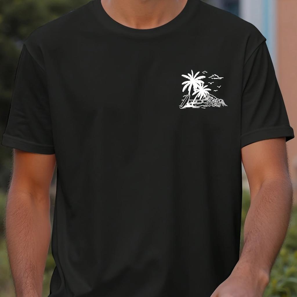 Unisex Casual Short Sleeve TShirt Vibrant Blue with White Palm Tree Wave Graphic Print Breathable Round Neck Tee Unisex Clothing