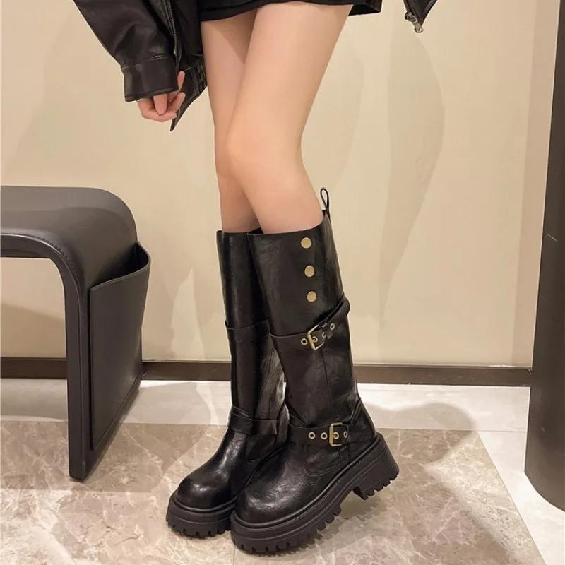 Винтажные зимние женские сапоги в стиле ковбойши, модные длинные сапоги с пряжкой на поясе, элегантные женские сапоги на толстом каблуке