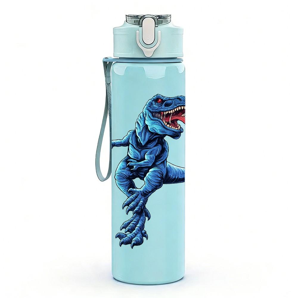 1PC Blue T Rex Dinosaur Cartoon Print 750ml Color Plastic Sports Water Bottle Leakproof Flip Straw Lid Suitable for Sports Office Home Use