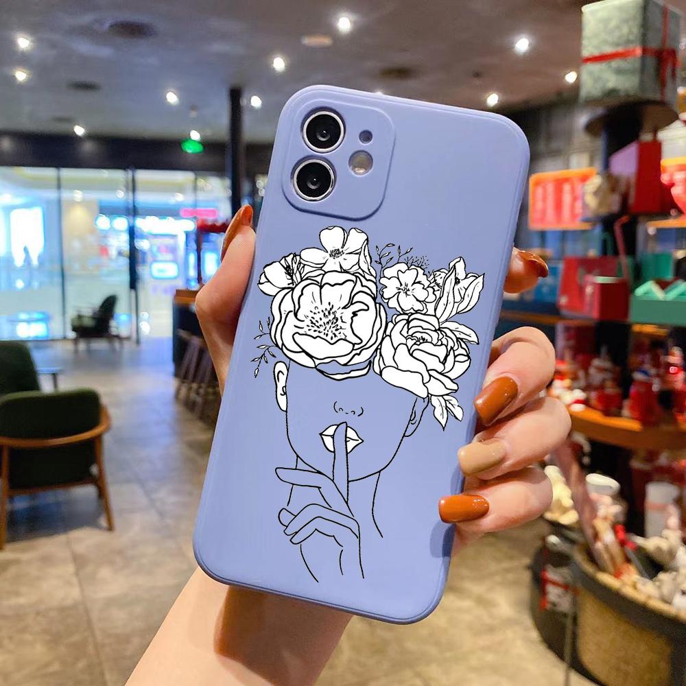 Чехол для телефона из жидкого силикона Sexy Art Girl Line Flower для iPhone 14 11 12 13 Pro Max Mini X XS XR 7 8 Plus SE