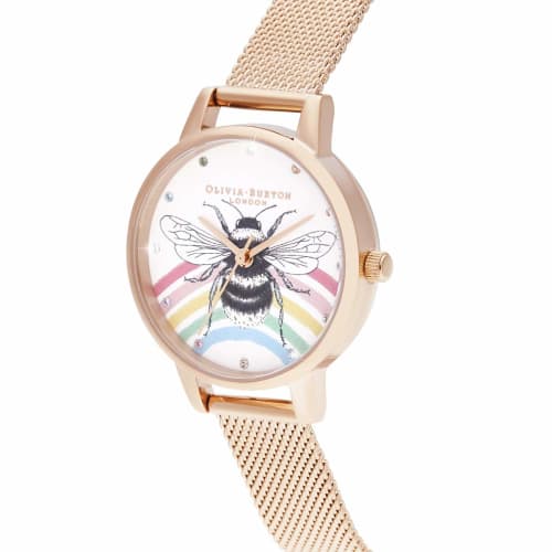 Authorized Retailer: OLIVIA BURTON Women's Watch OB16WL90 Illustrated Animals Rainbow Bee Rose Gold Mesh 30mm