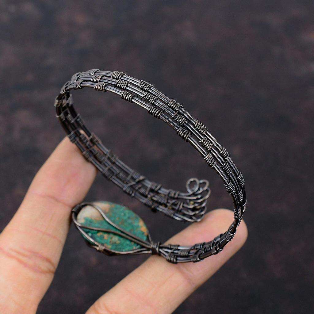 Браслет-манжета из куприта и хризоколлы, обернутый медной проволокой, браслет-манжета с драгоценным камнем, регулируемый браслет-манжета, медные украшения, браслет ручной работы для подарка