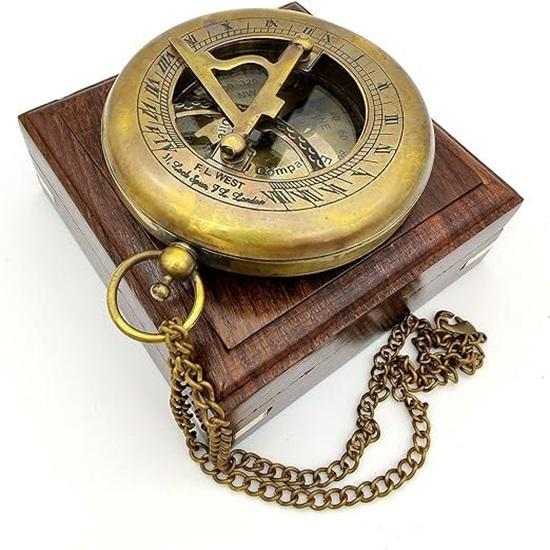 Sundial Compass, Steampunk Brass Sundial Compass, Sundial Watch with Wooden Box Brass Nautical Home Décor Gift Maritime Instrument Hiking