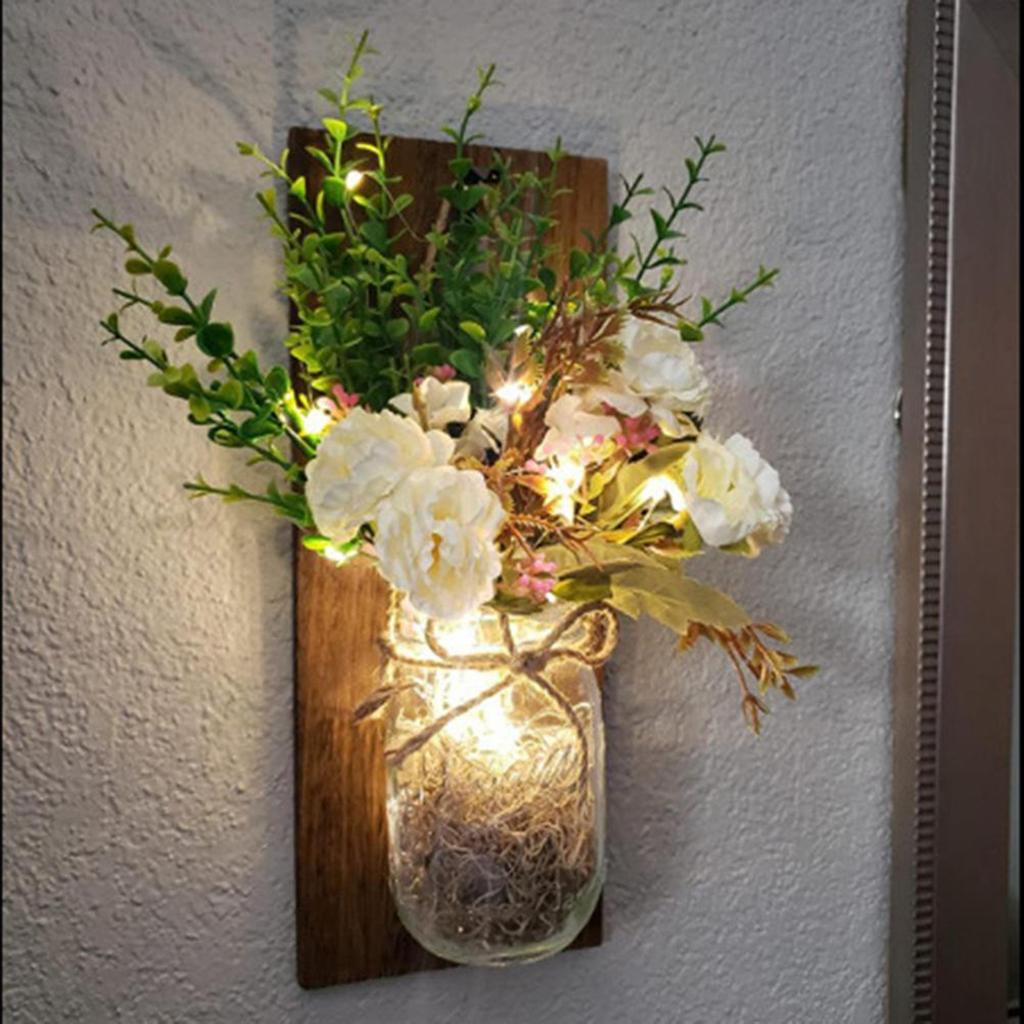 2 Pcs Glass Jar Wall Sconces Decor Rustic Wall Lamp with Remote Control LED Fairy Lights and White