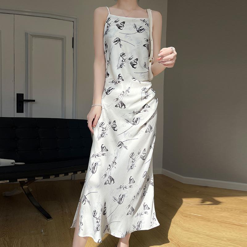 Silk Acetate Satin One-line Neck Halter Dress Split Slim Floral Long Dress Spring Summer