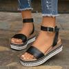 Women's Spring and Summer Large Size Hemp Rope Sole Muffin Platform Sandals Buckle Wedge Fish Mouth Sandals