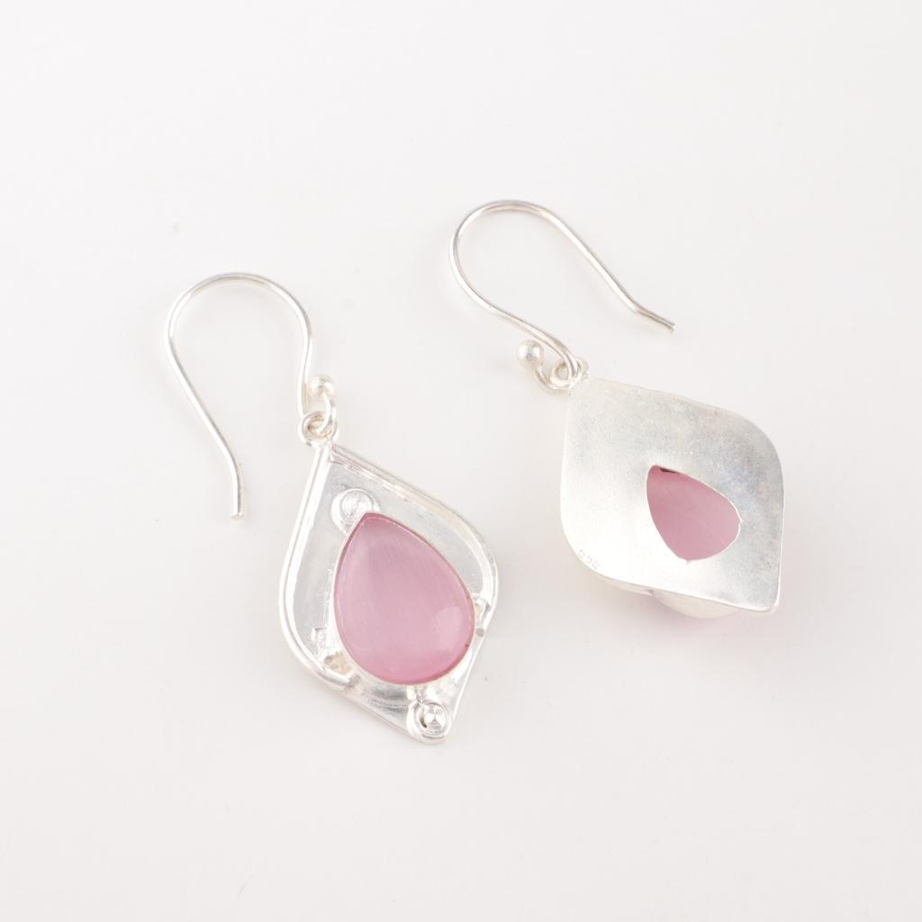 Розовый камень Кошачий глаз Ювелирные изделия из стерлингового серебра 925 пробы Ручной работы Серьги-крючки 1,90" EE-35-44