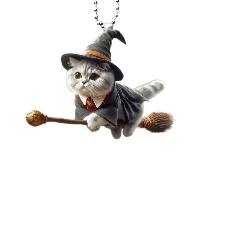 Minimalist Acrylic Flat Surface Car Charm With Magical Cat Riding Broom Design For Auto Interior Decoration