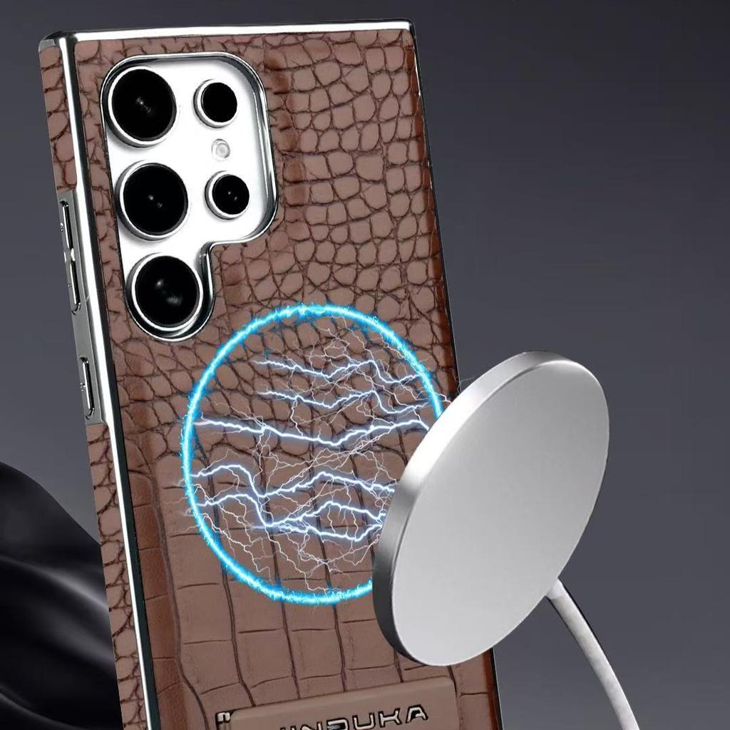 S25 Ultra Electroplated Crocodile Texture Leather Magnetic Phone Case for Samsung Galaxy S24 Ultra S23 Plus Bracket Stand Cover